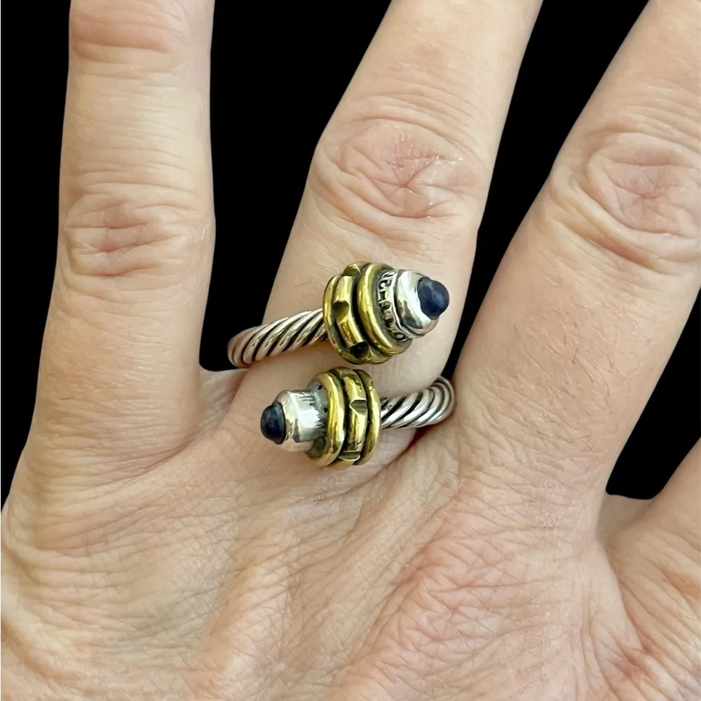 Vintage Taxco Mexico sterling silver brass and lapis cable bypass ring